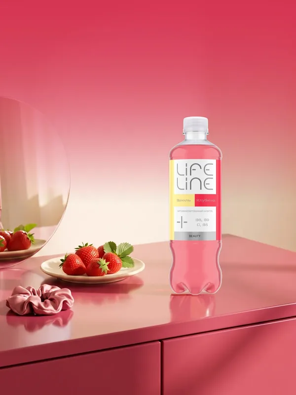 Бутылка LIFELINE КРАСОТА на туалетном столике рядом с клубникой